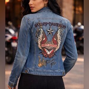 Harley-Davidson Vintage Denim Embroidered Jacket Womens Size L Eagle Studded